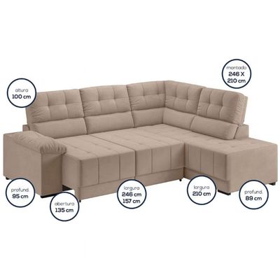 Sofá de Canto 5 Lugares Firenze Retrátil e Reclinável e Revestido em Suede Veludo Besthouse Capuccino