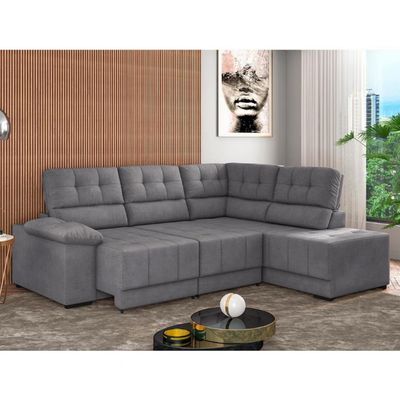 Sofá de Canto 5 Lugares Firenze Retrátil e Reclinável e Revestido em Suede Veludo Besthouse Cinza