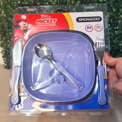 Prato Tigela Bowl Talheres Refeiçao Infantil Mickey Azul 5un