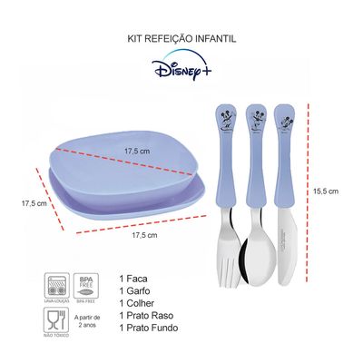 Prato Tigela Bowl Talheres Refeiçao Infantil Mickey Azul 5un