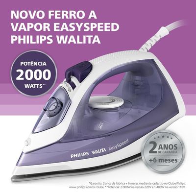 Ferro de Passar a Vapor Philips Walita EasySpeed GC1752 com Spray e Base de Cerâmica Branco com Roxo / 110V