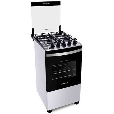 Fogão 4 Bocas Clean Mesa de Inox 2 Prateleiras Ajustáveis Automático Brastemp Branco / Bivolt