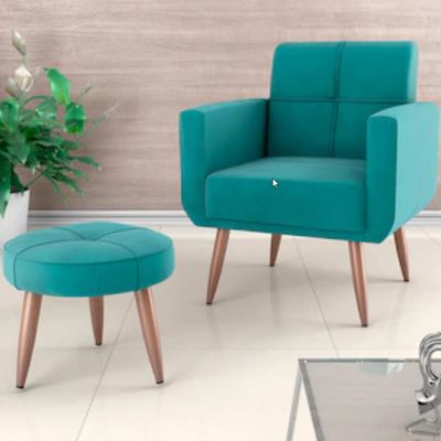 Poltrona Havana com Puff e Revestimento em Tecido Veludo Matrix Acqua