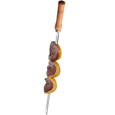 Conjunto de Espetos Simples e Duplo Utimil em Aço Inox, Aço Cromado e Madeira 4 Peças Inox e Natural