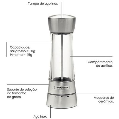Moedor para Sal ou Pimenta Tramontina Realce em Aço Inox e Acrílico Inox e Transparente