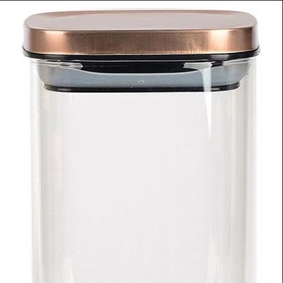Porta Mantimentos Quadrado Dynasty em Vidro Borossilicato com Tampa de Metal Cobre 1,4L Transparente com cobre