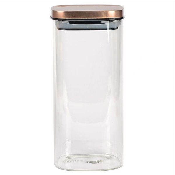 Porta Mantimentos Quadrado Dynasty em Vidro Borossilicato com Tampa de Metal Cobre 1,4L Transparente com cobre