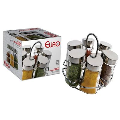 Porta Condimentos Euro Home Hexa 6 Peças Inox e Transparente