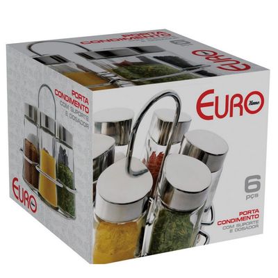 Porta Condimentos Euro Home Hexa 6 Peças Inox e Transparente