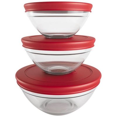 Conjunto de Potes Redondos 3 Peças Euro Home em Vidro com Tampa em Polietileno Vermelho com Transparente