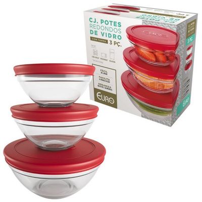 Conjunto de Potes Redondos 3 Peças Euro Home em Vidro com Tampa em Polietileno Vermelho com Transparente