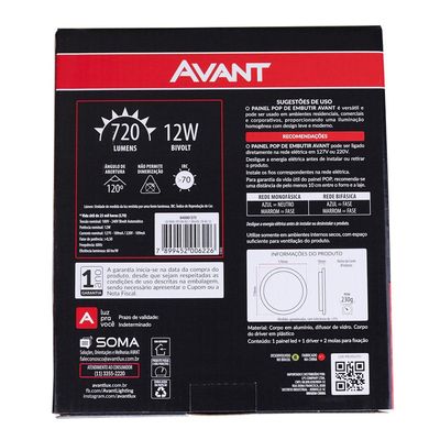 Painel Led de Embutir 17cm Redondo 12W Avant Bivolt Branco Bivolt