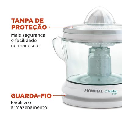 Espremedor 1,25L Mondial Turbo Citrus E-01 com Dupla Rotação e Acionamento Automático Branco 127V 220V
