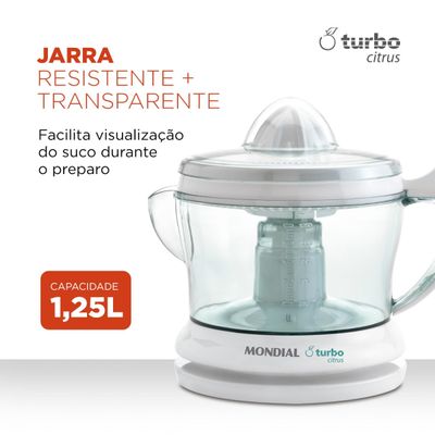Espremedor 1,25L Mondial Turbo Citrus E-01 com Dupla Rotação e Acionamento Automático Branco 127V 220V