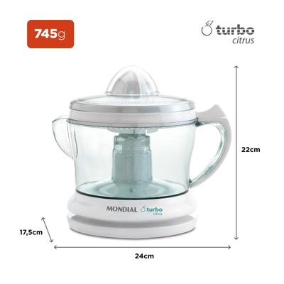 Espremedor 1,25L Mondial Turbo Citrus E-01 com Dupla Rotação e Acionamento Automático Branco 127V 220V