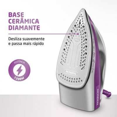 Ferro de Passar a Vapor Mondial FVN-01-P com Spray e Base Cerâmica Diamante Branco com Roxo / 110V