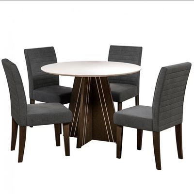 Mesa de Jantar Turim com 4 Cadeiras Revestimento em Tecido Linho Dobuê Castanho, Branco Off e Grafite