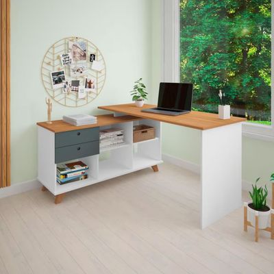 Escrivaninha Artany Gold com 2 Gavetas e 5 Nichos Freijo/Grafito/Branco