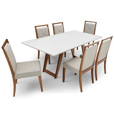 Mesa de Jantar Moara com 6 Cadeiras Viana Herval Off White, Amêndoa e Cinza