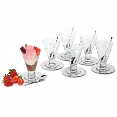 Conjunto de Taças para Sorvete Forma Gelato em Vidro e Inox 13,7 cm - 18 Peças Inox e Transparente