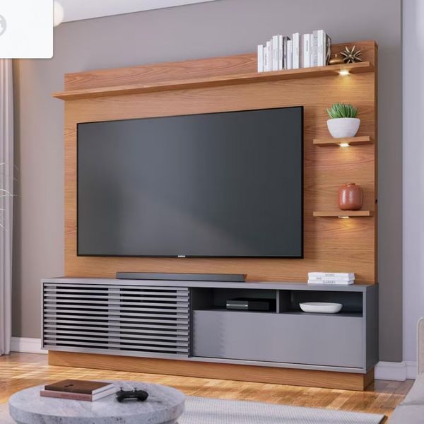 Estante Home Colibri Campeche com Porta Deslizante Spots de Led 200 cm de Largura Ideal para TV de Até 70 Polegadas Freijó/Cinza Fosco