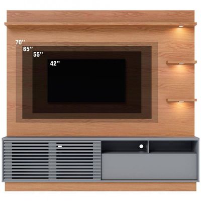 Estante Home Colibri Campeche com Porta Deslizante Spots de Led 200 cm de Largura Ideal para TV de Até 70 Polegadas Freijó/Cinza Fosco
