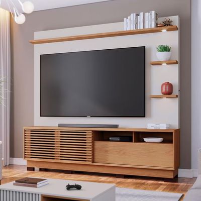 Estante Home Colibri Campeche com Porta Deslizante Spots de Led 200 cm de Largura Ideal para TV de Até 70 Polegadas Freijó/Off White Matte