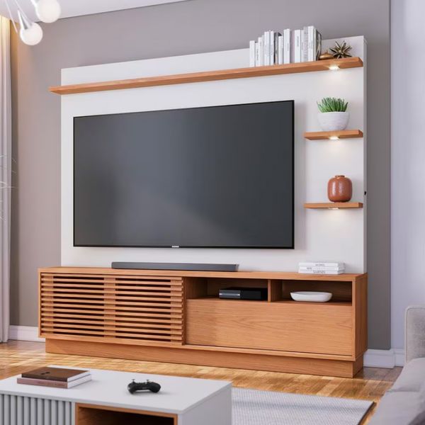 Estante Home Colibri Campeche com Porta Deslizante Spots de Led 200 cm de Largura Ideal para TV de Até 70 Polegadas Freijó/Off White Matte