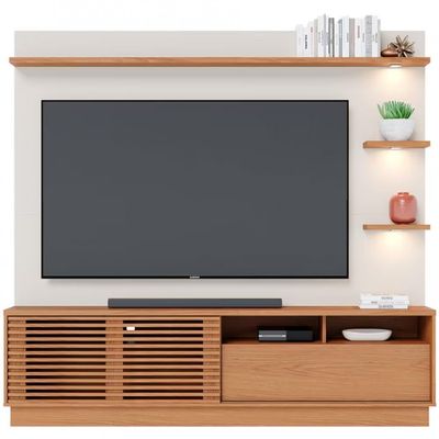 Estante Home Colibri Campeche com Porta Deslizante Spots de Led 200 cm de Largura Ideal para TV de Até 70 Polegadas Freijó/Off White Matte