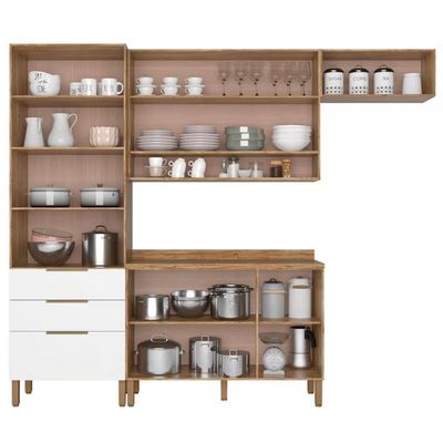 Cozinha Compacta Bartira Topázio UP com 8 Portas 3 Gavetas e 5 Prateleiras Damasco com Branco