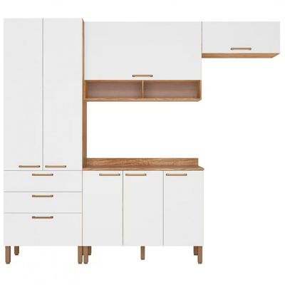 Cozinha Compacta Bartira Veneza com 7 Portas 3 Gavetas e 5 Prateleiras Damasco/Branco Fosco