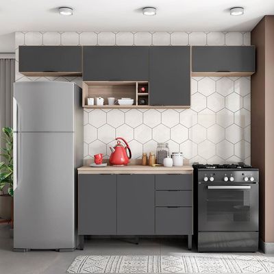 Cozinha Completa Firenze com 6 Portas 2 Gavetas e 3 Prateleiras e Nicho Demóbile Avena com Grafite