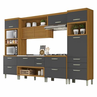 Cozinha Completa em MDF Nesher Princesa com 8 Portas 7 Gavetas e 17 Prateleiras  334cm Freijo e Grafite