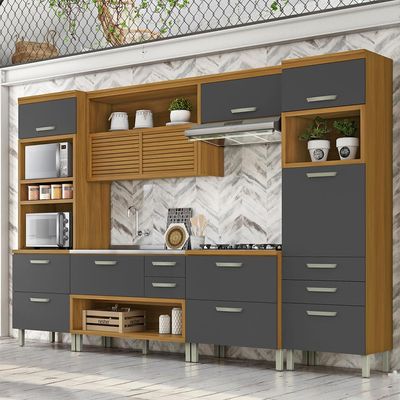 Cozinha Completa em MDF Nesher Princesa com 8 Portas 7 Gavetas e 17 Prateleiras  334cm Freijo e Grafite