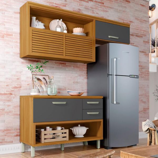 Cozinha Compacta em MDF Nesher Princesa com 3 Portas, 6 Prateleiras e 2 Gavetas Freijo e Grafite
