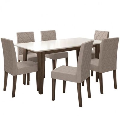 Mesa de Jantar Liz 6 Cadeiras Estofadas e Revestidas Tecido Suede Poliman Móveis Amendôla com Off White