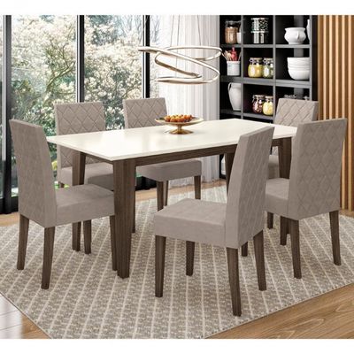 Mesa de Jantar Liz 6 Cadeiras Estofadas e Revestidas Tecido Suede Poliman Móveis Amendôla com Off White