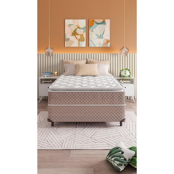 Cama Box Casal Umaflex Berlim Pillow Top e Molas Ensacadas Castor com Branco