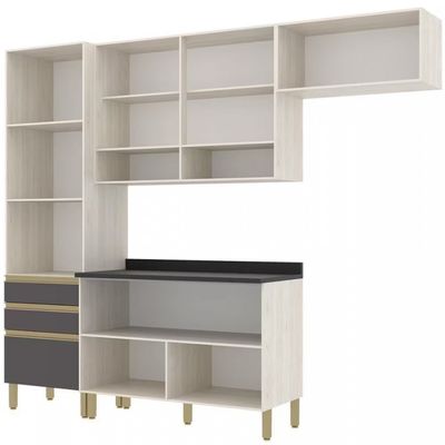 Cozinha Compacta Bartira Jaspe com 6 Portas 3 Gavetas e 6 Prateleiras 260.4cm Bege com Cinza