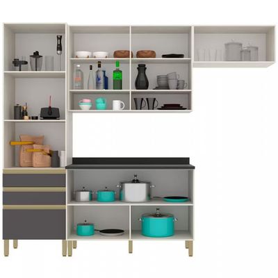 Cozinha Compacta Bartira Jaspe com 6 Portas 3 Gavetas e 6 Prateleiras 260.4cm Bege com Cinza