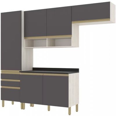 Cozinha Compacta Bartira Jaspe com 6 Portas 3 Gavetas e 6 Prateleiras 260.4cm Bege com Cinza