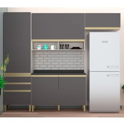 Cozinha Compacta Bartira Jaspe com 6 Portas 3 Gavetas e 6 Prateleiras 260.4cm Bege com Cinza
