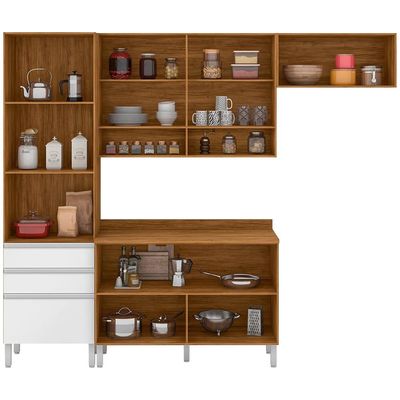 Cozinha Compacta Bartira Jaspe com 6 Portas, 3 Gavetas e 6 Prateleiras Damasco com Branco