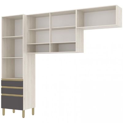 Cozinha Compacta Jaspe com 4 Portas 3 Gavetas e 5 Prateleiras 260,4cm de largura Bartira Freixo com Grafite