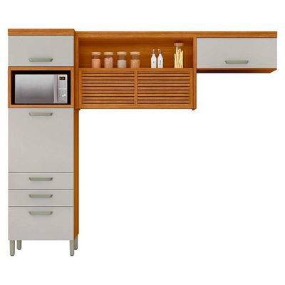 Cozinha Compacta Princesa com 4 Portas 3 Gavetas e 9 Prateleiras 264cm de largura Nesher Freijó com Off White