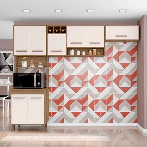 Cozinha Compacta Barcelona com 8 Portas e 3 Prateleiras Poliman Carvalho Oak/Off White