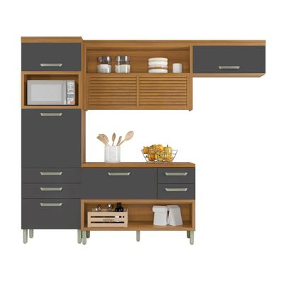 Cozinha Compacta Nesher Princesa com 5 Portas 5 Gavetas e 11 Prateleiras Freijo e Grafite