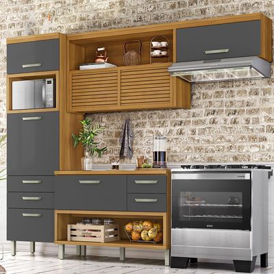 Cozinha Compacta Nesher Princesa com 5 Portas 5 Gavetas e 11 Prateleiras Freijo e Grafite