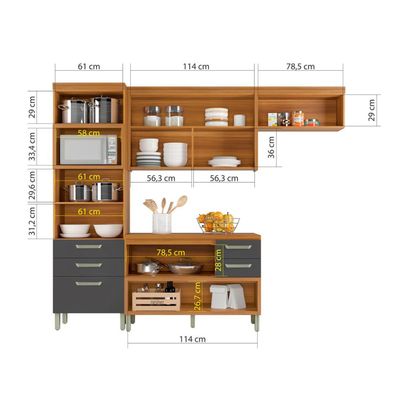 Cozinha Compacta Nesher Princesa com 5 Portas 5 Gavetas e 11 Prateleiras Freijo e Grafite