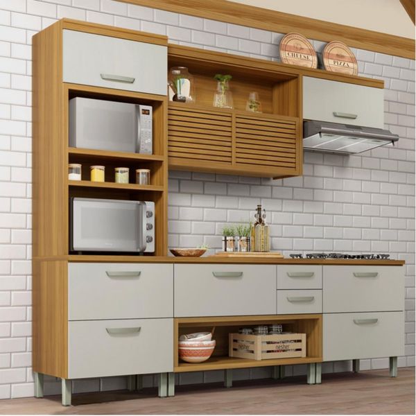 Cozinha Completa em MDF Nesher Princesa com 6 Portas 4 Gavetas e 12 Prateleiras Freijo e Off White